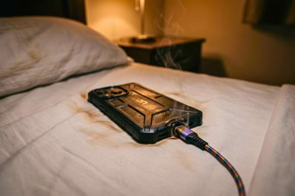Un smartphone moderne avec une coque &eacute;paisse est branch&eacute; &agrave; un c&acirc;ble de charge non officiel