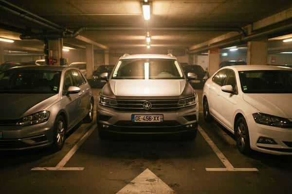 un grand SUV moderne garé très à l'étroit entre deux autres voitures dans un parking souterrain