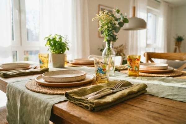 des assiettes en céramique artisanale et des verres à moutarde vintage dépareillés