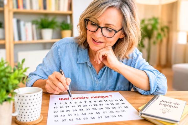 femme de 50 ans qui fait des jeux de logique pour sa mémoire