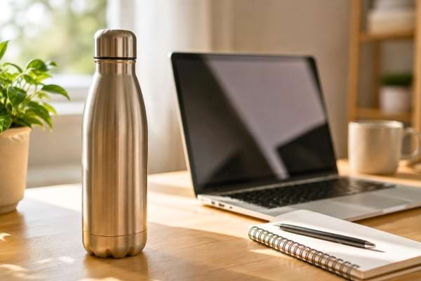 ne gourde en acier inoxydable mate posée sur un bureau en bois clair, à côté d'un ordinateur portable ouvert