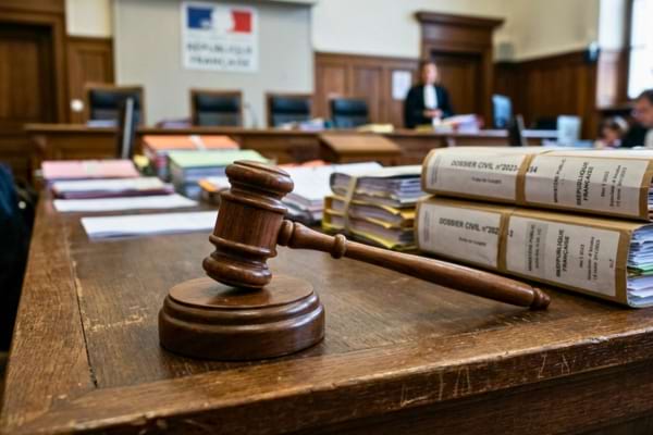 'un marteau de juge en bois massif posé sur le bureau d'un tribunal