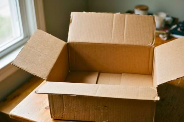 n carton d'expédition ouvert sur une table, complètement vide à l'intérieur