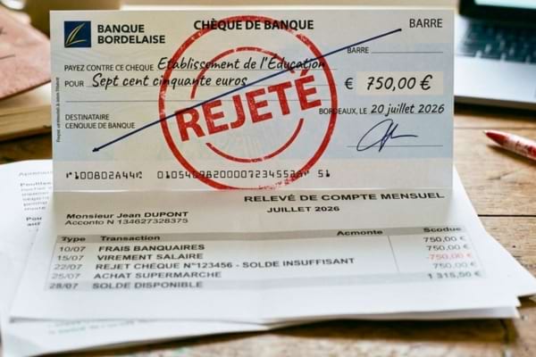 un chèque bancaire barré avec un tampon rouge "Rejeté" posé sur un relevé de compte