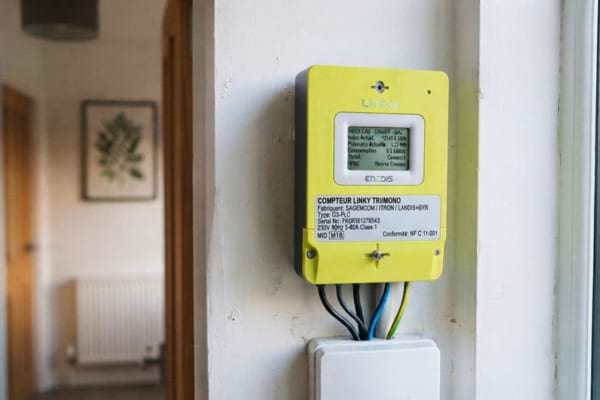 smart electricity meter mounted on a white wall in a modern home hallway.