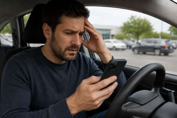 A frustrated driver sitting inside a car looking at a smartphone screen, trying to fill out a complicated form online