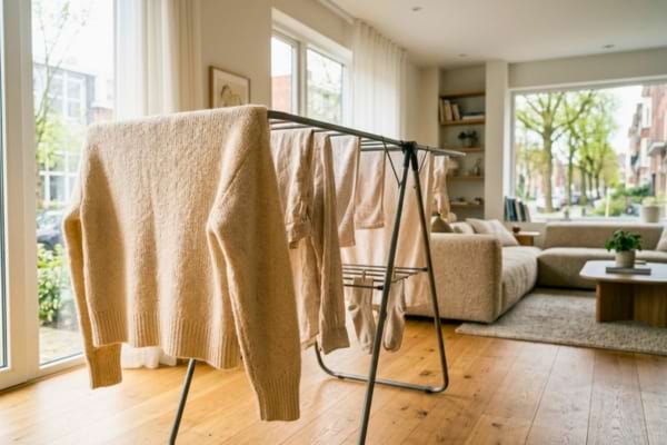 'un étendoir à linge rempli de vêtements propres, placé dans un salon moderne
