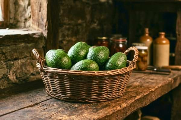un panier en osier aéré contenant de beaux avocats verts à la peau texturée