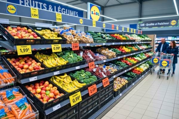 un rayon de fruits et légumes parfaitement rangé dans un magasin Lidl