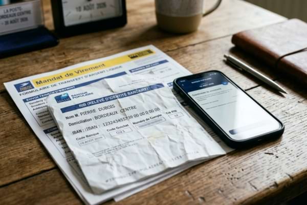 un Relevé d'Identité Bancaire froissé posé à côté d'un téléphone portable