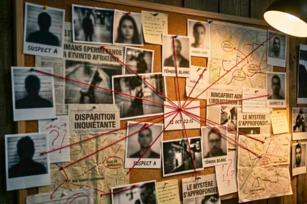 n tableau d'enquête de détective avec des photos floues, des coupures de presse et des fils rouges