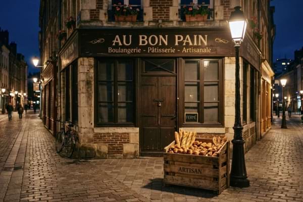 'une boulangerie française traditionnelle fermée à la tombée de la nuit avec une cagette remplie de pain
