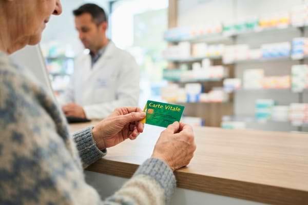 une personne âgée tenant sa carte Vitale verte française dans ses mains