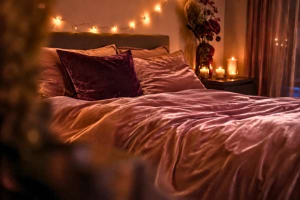 ozy bedroom interior with dim warm fairy lights, soft velvet sheets, candles in soft focus background