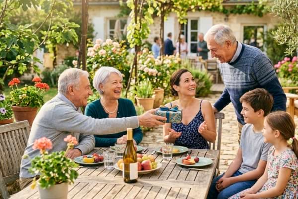 Une famille intergénérationnelle heureuse réunie dans un jardin ensoleillé