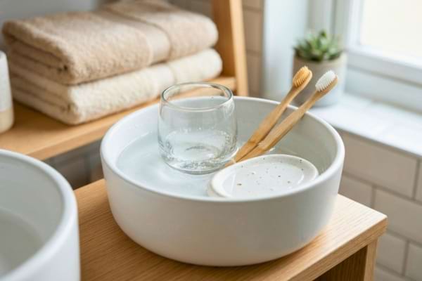 Un gobelet &agrave; brosses &agrave; dents en verre et un porte-savon en c&eacute;ramique trempant dans une petite bassine d'eau
