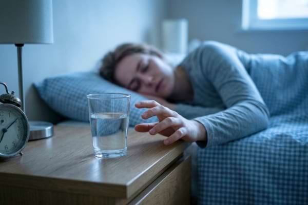 n verre d'eau pos&eacute; sur une table de chevet avec une main h&eacute;sitante qui s'en approche