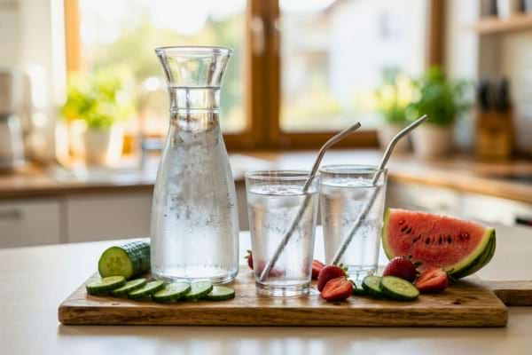 une carafe d'eau en verre et de deux verres remplis posés sur un plan de travail de cuisine
