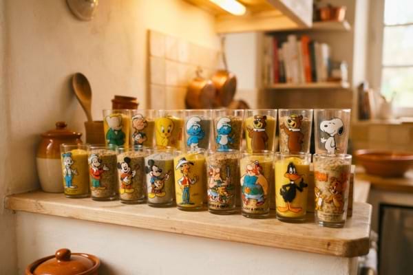 Une étagère de cuisine en bois clair affichant une belle collection alignée de verres à moutarde