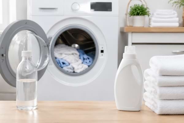 Vinaigre blanc et lessive placés séparément sur une machine à laver.