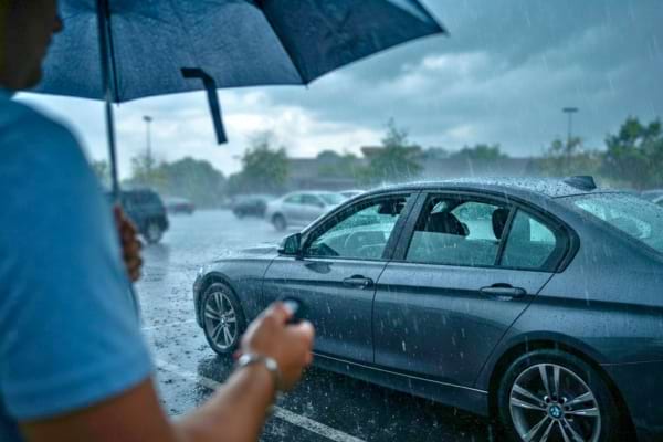Une voiture gar&eacute;e sous une averse soudaine d'&eacute;t&eacute;. Les vitres de la voiture sont en train de remonter