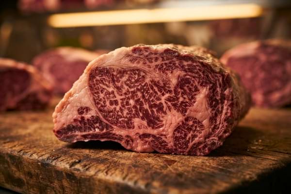 'une 5ème côte de bœuf crue, mettant en valeur sa forme irrégulière et son riche persillé blanc