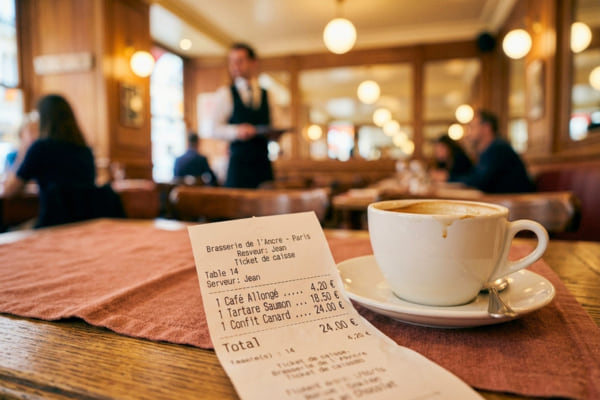 'un ticket de caisse de restaurant posé sur une table en bois à côté d'une tasse de café