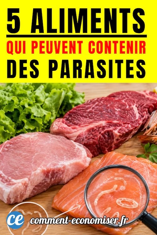de la viande et du poisson crus pouvant contenir des parasites sur un support en bois avec de la salade