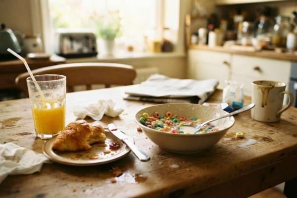 un verre de jus d'orange industriel, un bol de céréales colorées très sucrées et un croissant
