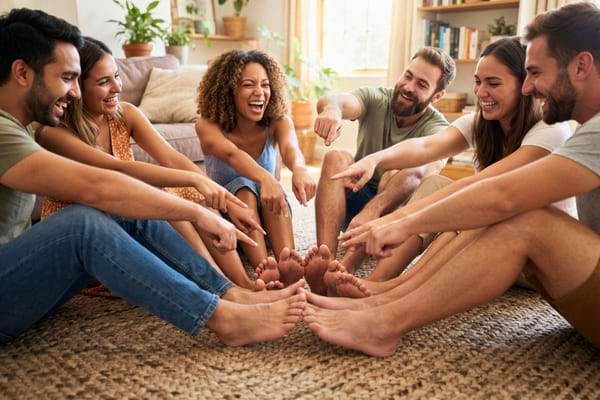 a group of friends sitting in a circle on a carpet, barefoot, laughing and pointing at their feet