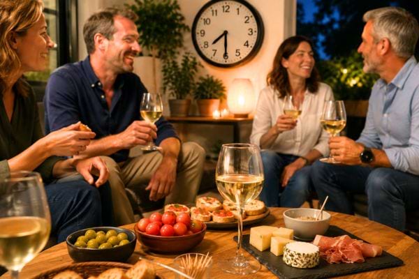groupe d'amis qui prend un apéritif à la maison vers 19h30