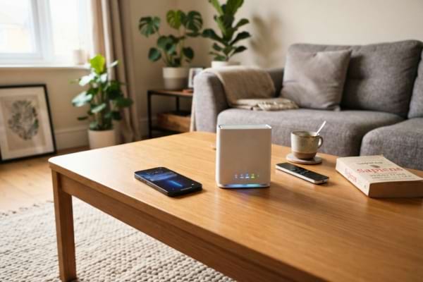 a modern living room coffee table with a smartphone and a glowing Wi-Fi router
