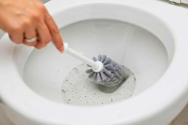 a person's hand holding a toilet brush, gently scrubbing the inside of a sparkling clean white toilet bowl with tiny particles of coffee grounds
