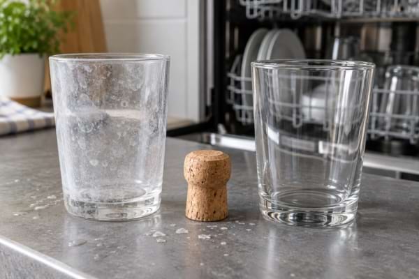 Verre blanchi par le calcaire compar&eacute; &agrave; un verre transparent avec un bouchon de li&egrave;ge.