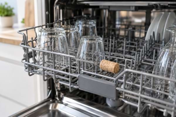 Bouchon de li&egrave;ge plac&eacute; dans le lave-vaisselle &agrave; c&ocirc;t&eacute; de plusieurs verres propres.
