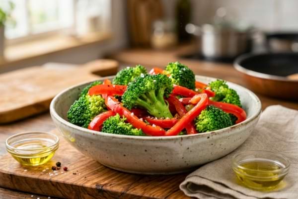 fleurettes de brocoli vert vif et des lamelles de poivron rouge