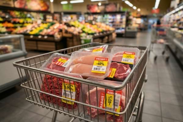 un caddie de supermarché métallique contenant plusieurs barquettes de viande avec des étiquettes de promotion