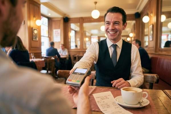 d'un serveur de restaurant très souriant tendant un terminal de paiement à un client,