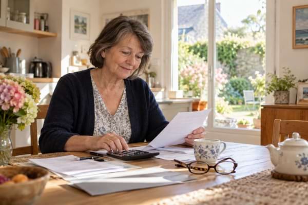 Retraitée consultant ses documents et calculant son budget à la maison.
