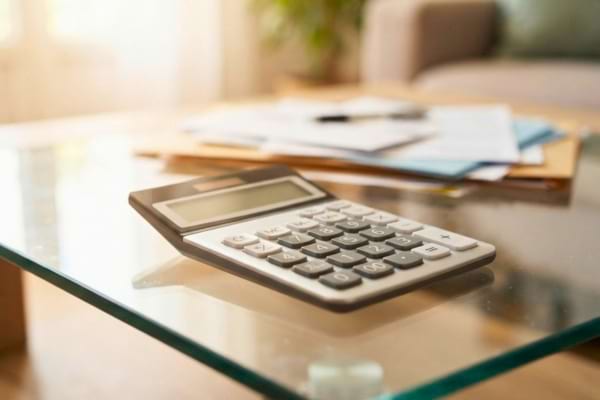 une calculatrice moderne posée sur une table de salon en verre