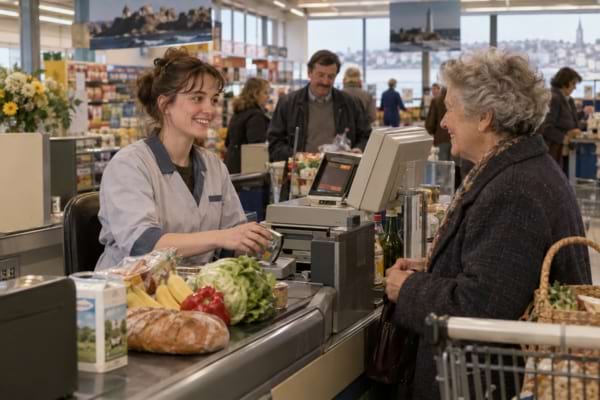 Jeune caissière souriant à une cliente âgée dans un supermarché.