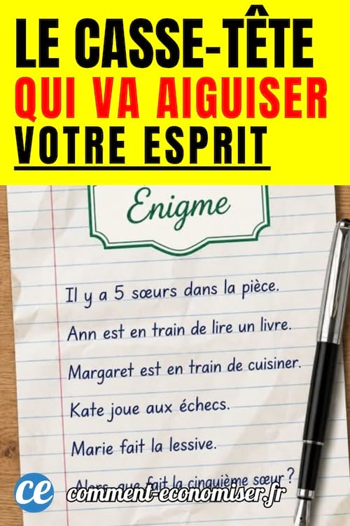 un casse-tête sous forme d'énigme écrit au stylo sur une feuille d'écolier posée sur une table en bois