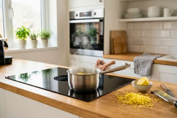 une petite casserole fumante sur une plaque à induction
