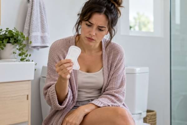 Femme observant des pertes vaginales inhabituelles dans sa salle de bain