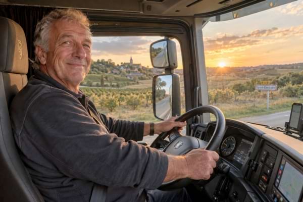 n homme de 69 ans souriant, au volant d'un grand poids lourd sur une route de campagne française