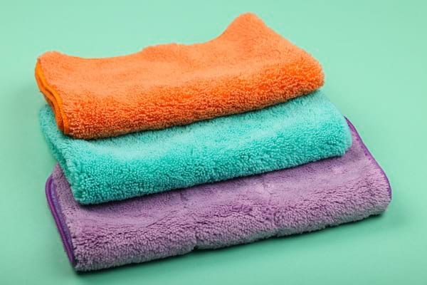 Trois chiffons en microfibre colorés empilés sur un fond vert.