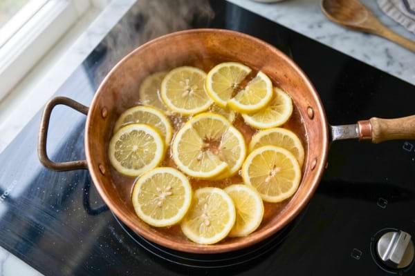 une casserole en cuivre sur une cuisinière, contenant du vinaigre transparent et de belles rondelles de citron jaune