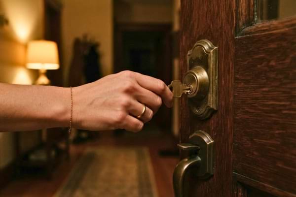 a hand leaving a key in a brass lock on a wooden door at night