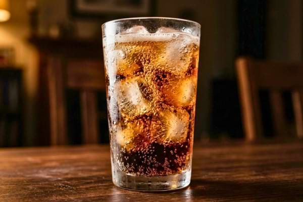 n grand verre rempli de soda p&eacute;tillant avec des gla&ccedil;ons, pos&eacute; sur une table de salon sombre