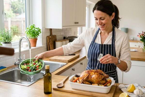 cuisinière qui vérifie la température de cuisson d'un poulet et lave les légumes